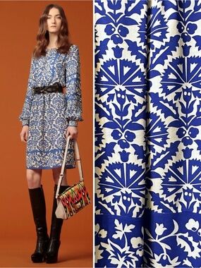 Andrew Gn Runway Blue Taupe Floral Print Silky Long-Sleeve Dress 42 6 S M